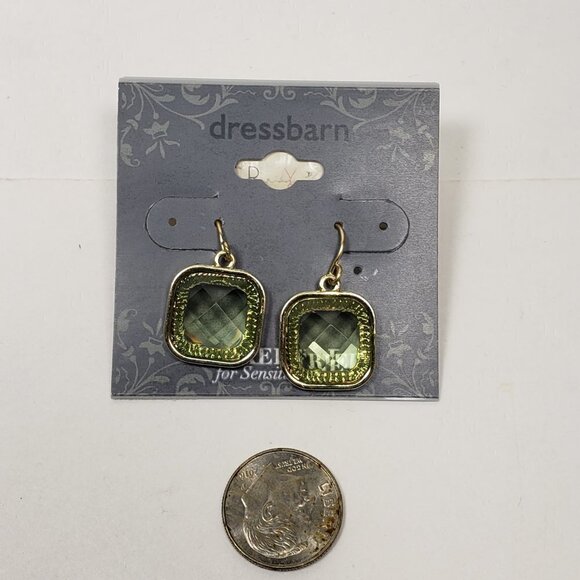 2/$30 Gold tone & Light Green Stone Square Drop 1-inch Earrings, Women Jewelry - Picture 6 of 8